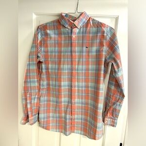 Vineyard Vines Boy’s Casual Plaid Shirt - Coral and Sky Blue size XL (18)